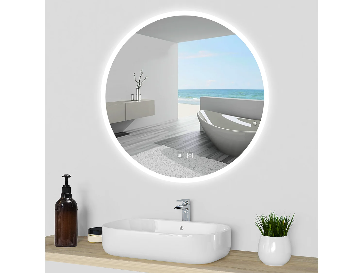 AICA Espejo de baño con iluminación LED Espejo redondo,60 x 60 cm, luz 3 colores, antivaho, brillo ajustable, memoria de apagado