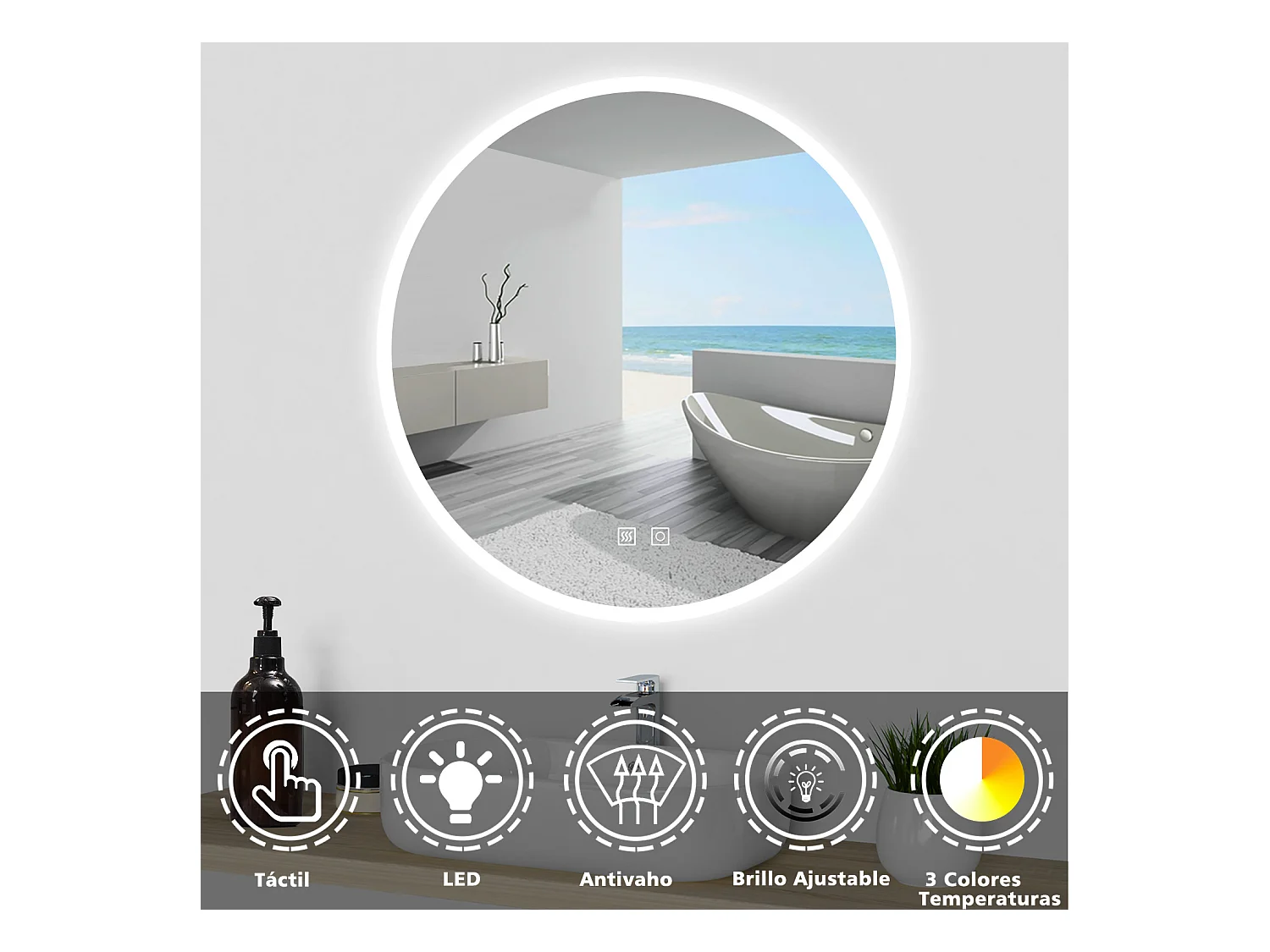 AICA Espejo de baño con iluminación LED Espejo redondo,80 x 80 cm,luz 3 colores, antivaho, brillo ajustable, memoria de apagado