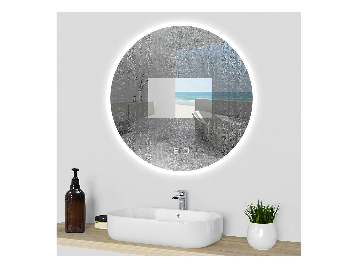 AICA Espejo de baño con iluminación LED Espejo redondo,80 x 80 cm,luz 3 colores, antivaho, brillo ajustable, memoria de apagado