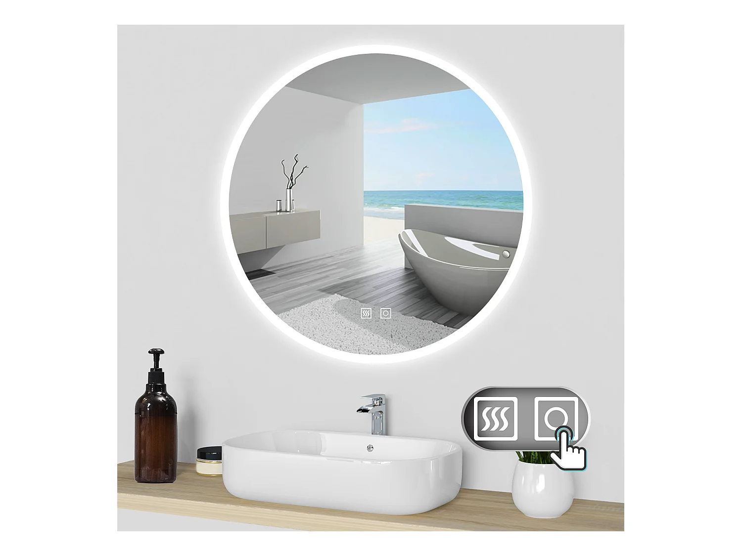 AICA Espejo de baño con iluminación LED Espejo redondo,80 x 80 cm,luz 3 colores, antivaho, brillo ajustable, memoria de apagado