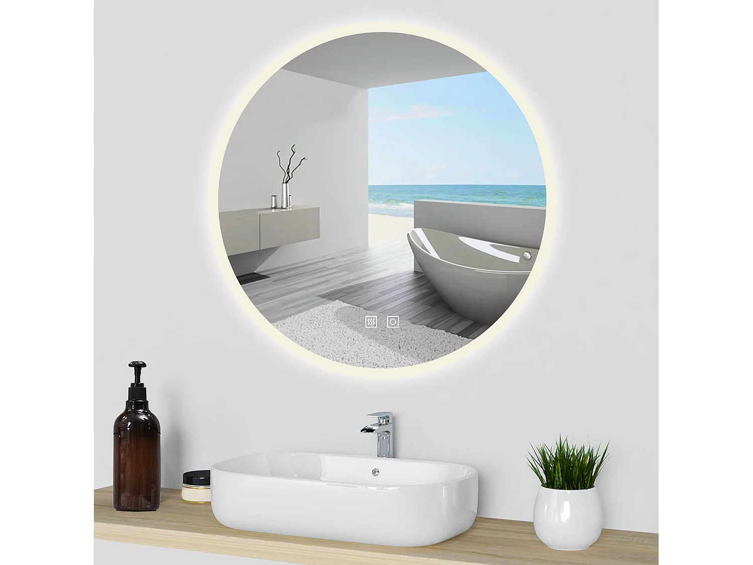 AICA Espejo de baño con iluminación LED Espejo redondo,80 x 80 cm,luz 3 colores, antivaho, brillo ajustable, memoria de apagado