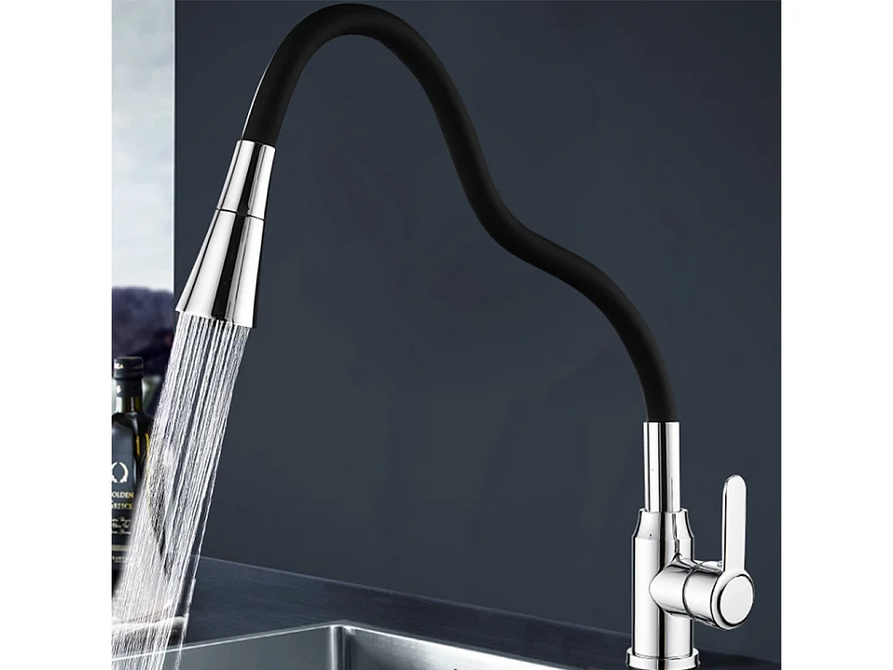 Robinet de cuisine réglable direction Silicone écologique en céramique Gros bec avec flexible Noir