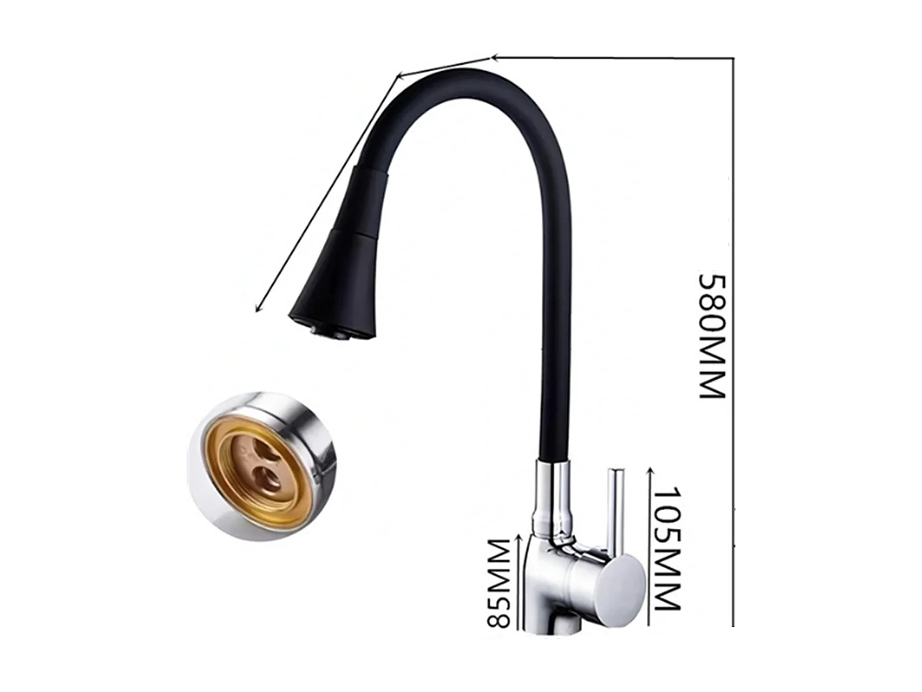 Robinet de cuisine réglable direction Silicone écologique en céramique Gros bec avec flexible Noir