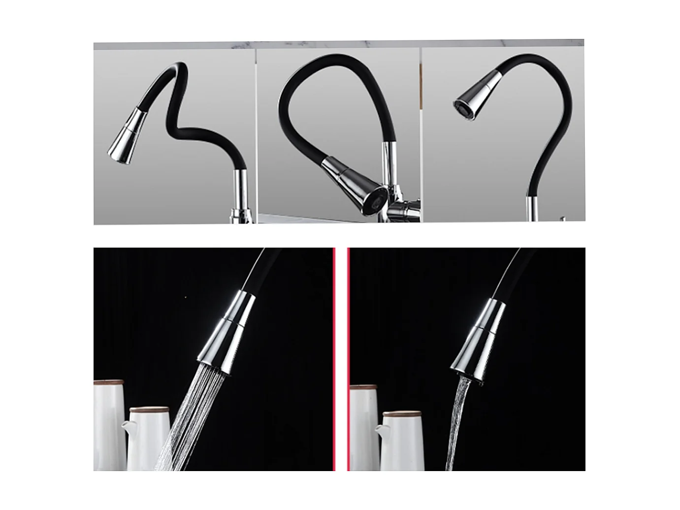 Robinet de cuisine réglable direction Silicone écologique en céramique Gros bec avec flexible Noir