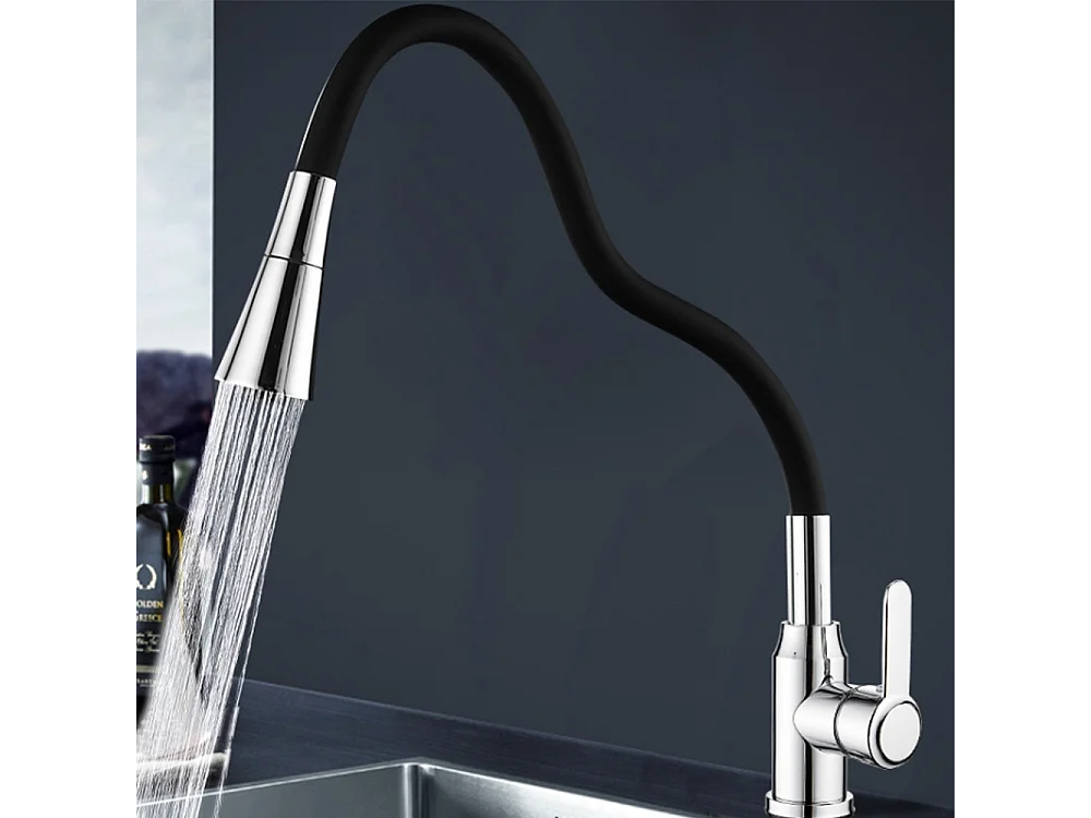 Robinet de cuisine réglable direction Silicone écologique en céramique Gros bec avec flexible Noir