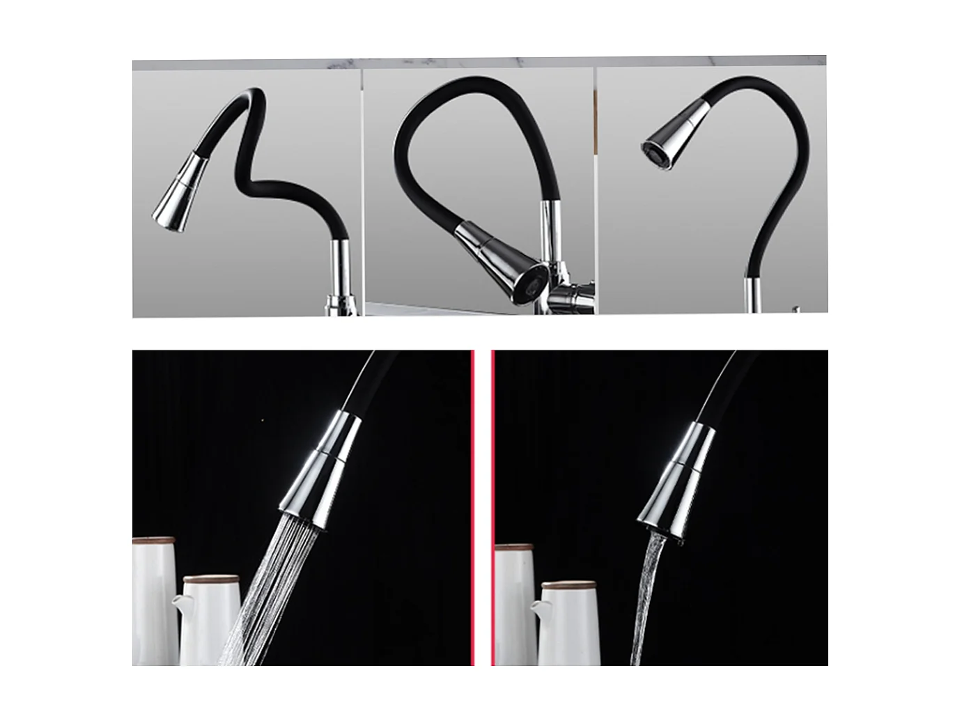 Robinet de cuisine réglable direction Silicone écologique en céramique Gros bec avec flexible Noir