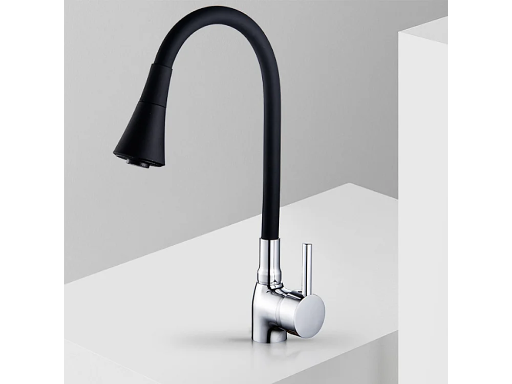 Robinet de cuisine réglable direction Silicone écologique en céramique Gros bec avec flexible Noir