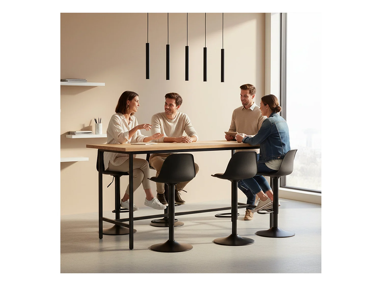 Set van 2 In Hoogte Verstelbare Barkrukken met Rugleuning en Voetensteun, Modern Design voor Keuken - Zwart