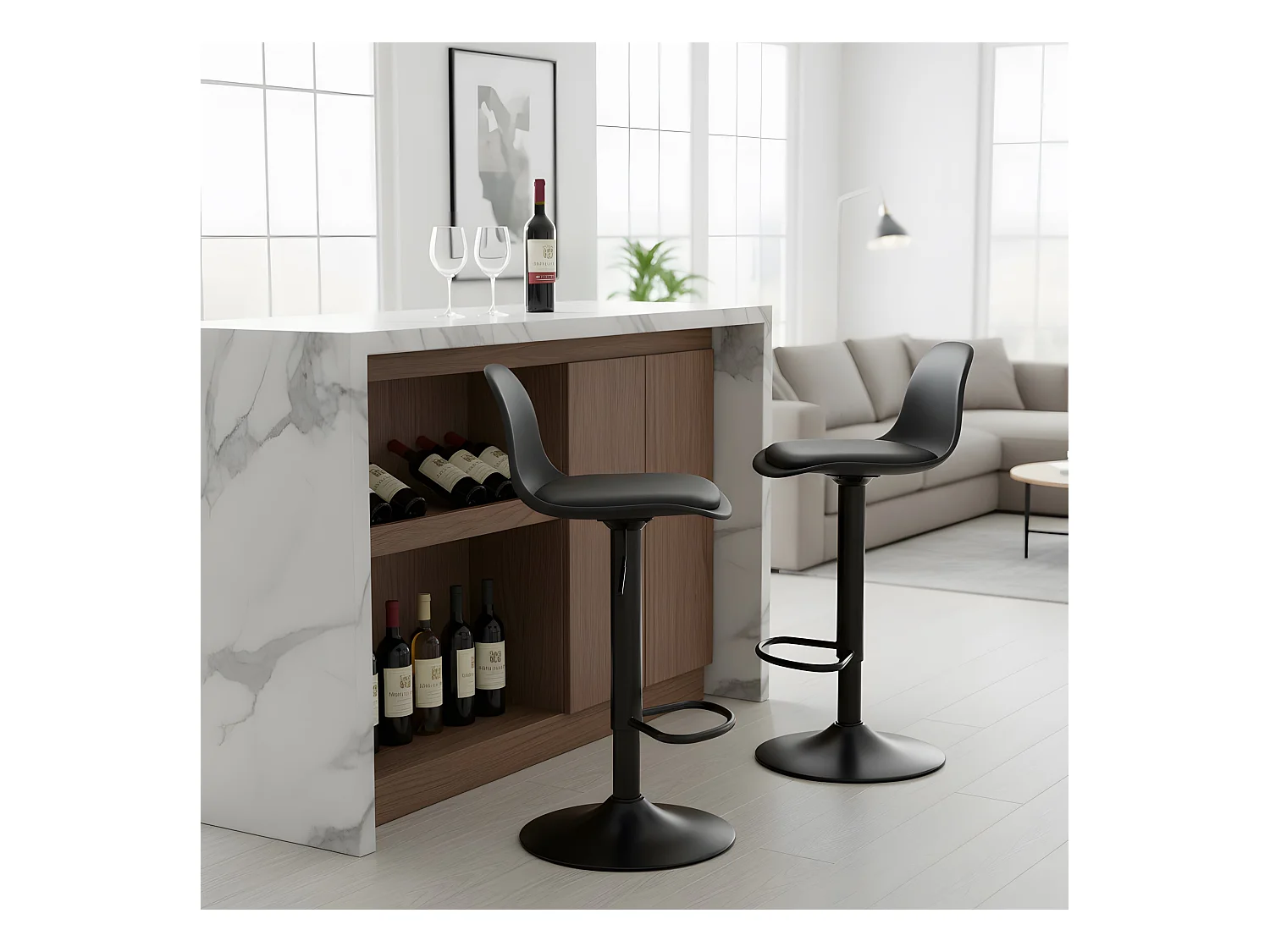 Set van 2 In Hoogte Verstelbare Barkrukken met Rugleuning en Voetensteun, Modern Design voor Keuken - Zwart