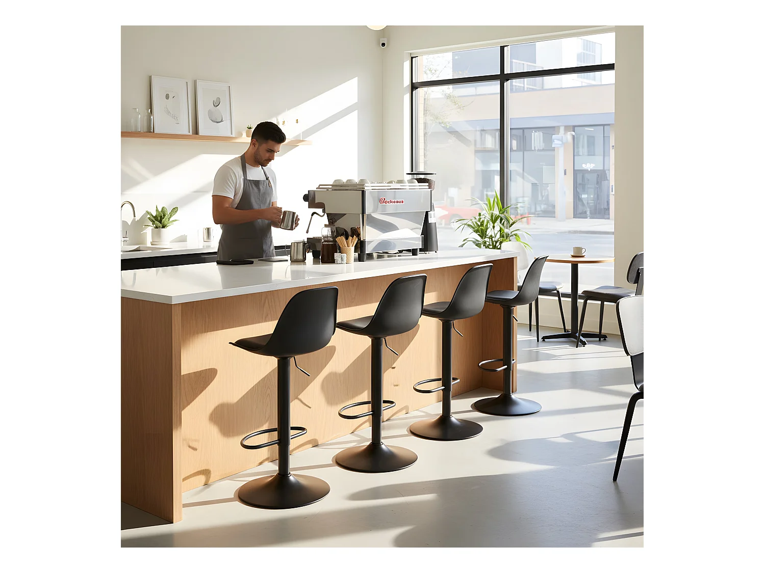 Set van 2 In Hoogte Verstelbare Barkrukken met Rugleuning en Voetensteun, Modern Design voor Keuken - Zwart