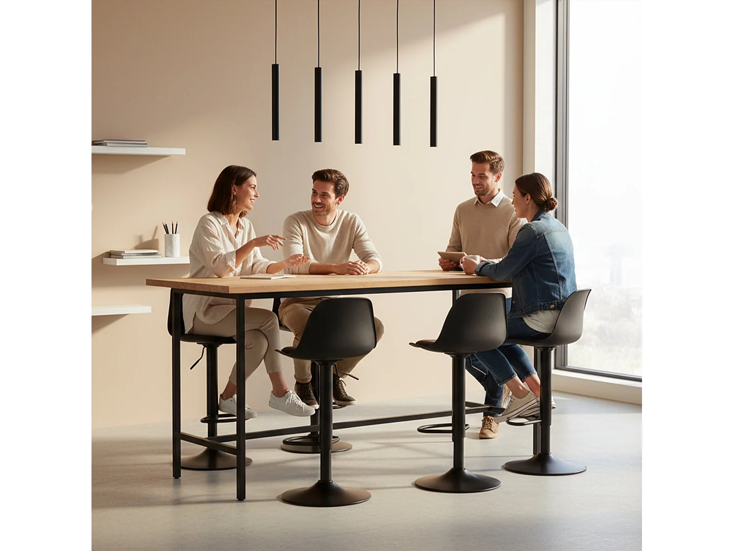 Set van 2 In Hoogte Verstelbare Barkrukken met Rugleuning en Voetensteun, Modern Design voor Keuken - Zwart