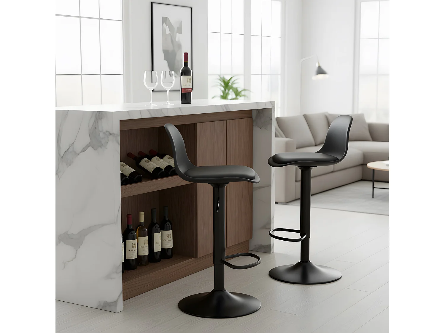 Set van 2 In Hoogte Verstelbare Barkrukken met Rugleuning en Voetensteun, Modern Design voor Keuken - Zwart