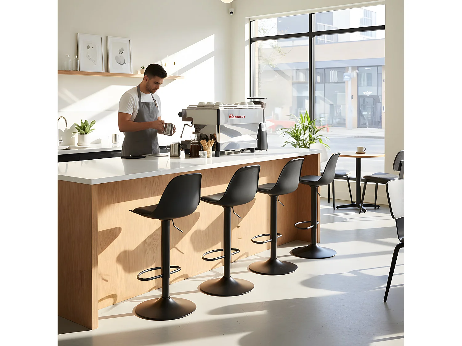 Set van 2 In Hoogte Verstelbare Barkrukken met Rugleuning en Voetensteun, Modern Design voor Keuken - Zwart