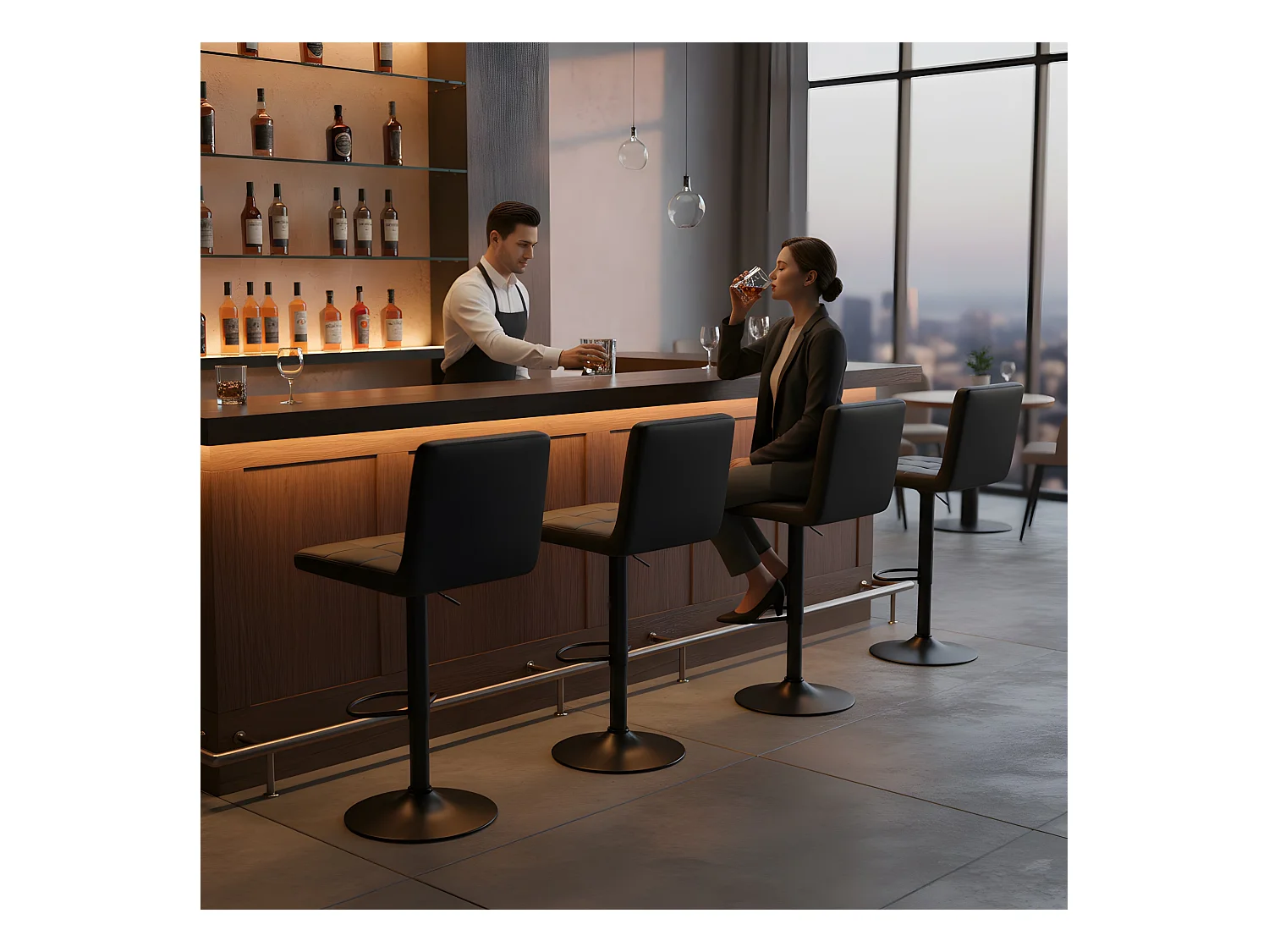 Set van 2 In hoogte verstelbare barkrukken met rugleuning en voetensteun, Moderne zwarte kunstleren bekleding