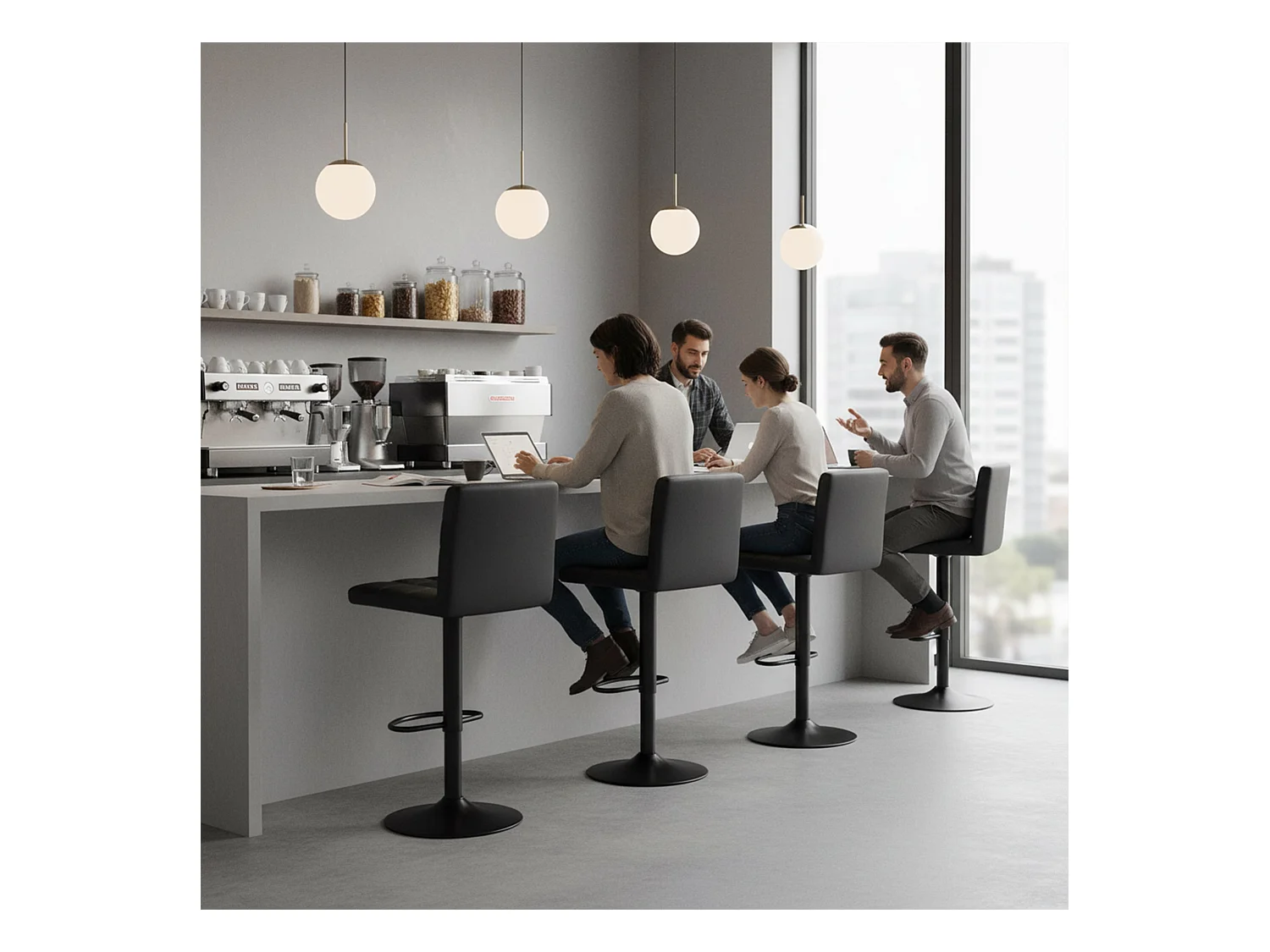 Set van 2 In hoogte verstelbare barkrukken met rugleuning en voetensteun, Moderne zwarte kunstleren bekleding