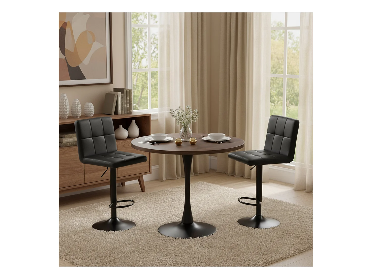 Set van 2 In hoogte verstelbare barkrukken met rugleuning en voetensteun, Moderne zwarte kunstleren bekleding