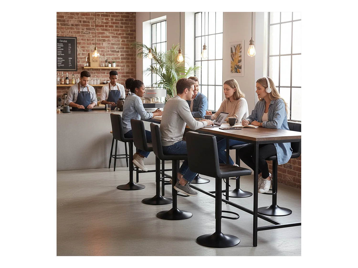 Set van 2 In hoogte verstelbare barkrukken met rugleuning en voetensteun, Moderne zwarte kunstleren bekleding