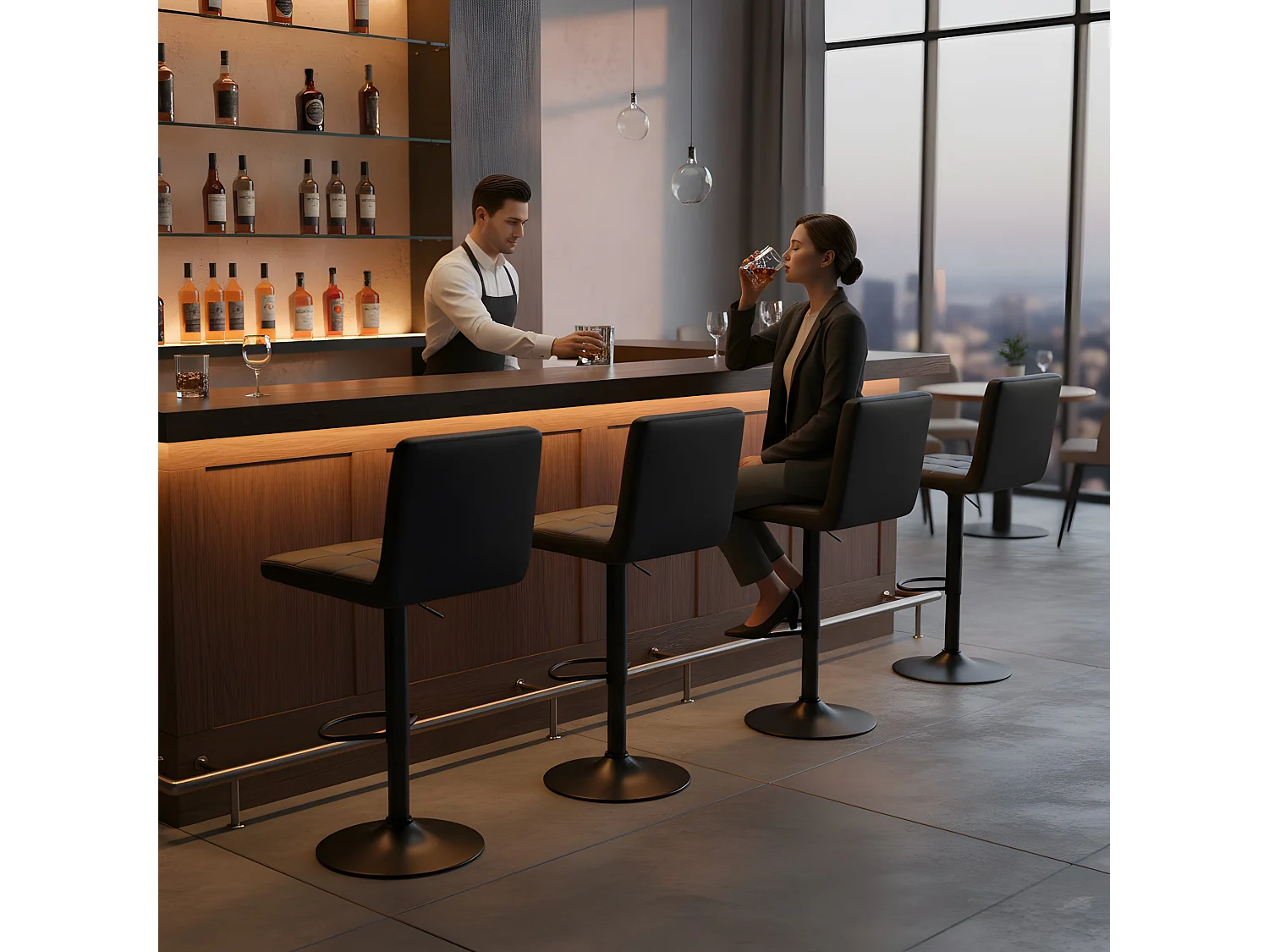 Set van 2 In hoogte verstelbare barkrukken met rugleuning en voetensteun, Moderne zwarte kunstleren bekleding