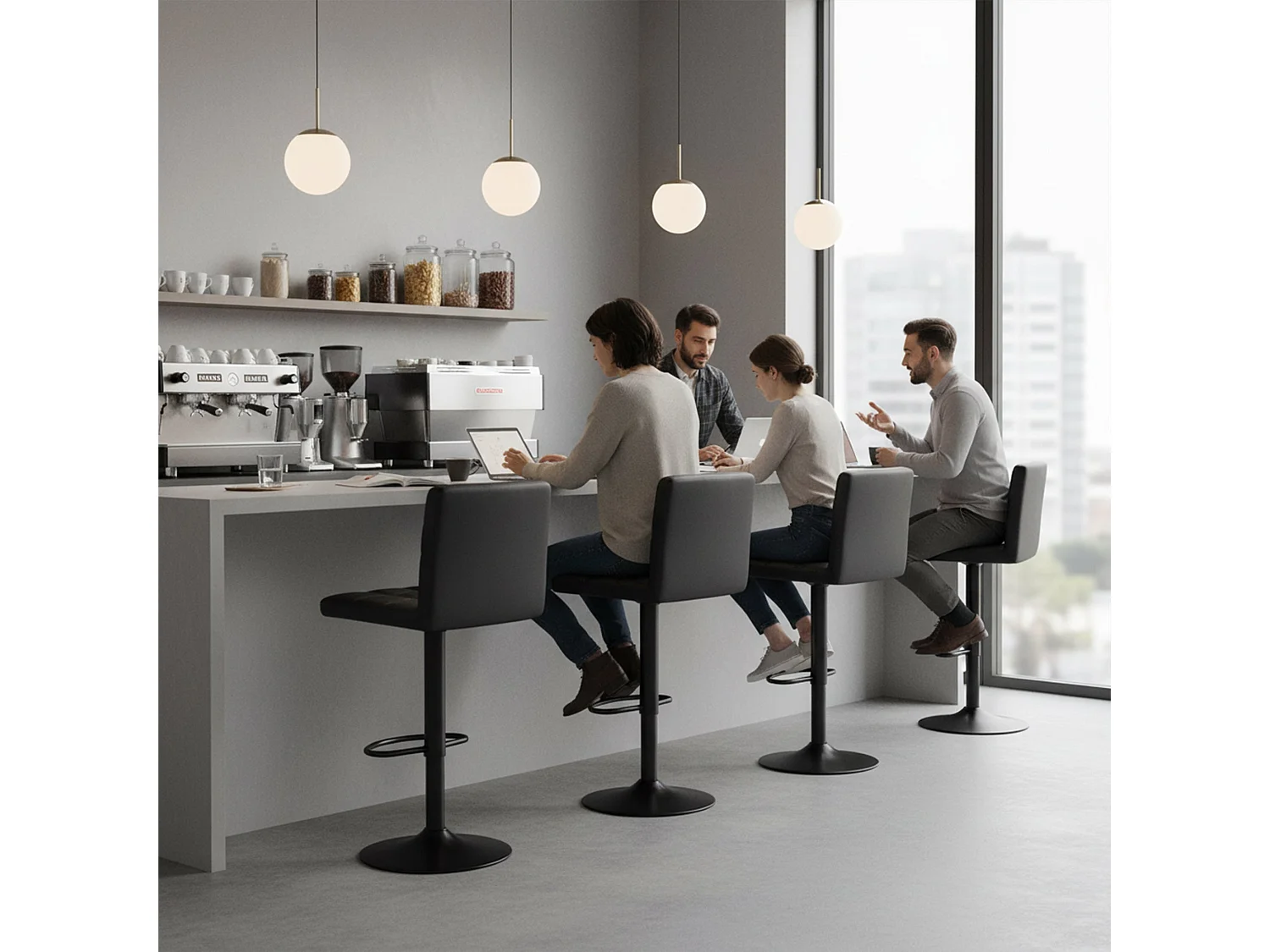 Set van 2 In hoogte verstelbare barkrukken met rugleuning en voetensteun, Moderne zwarte kunstleren bekleding