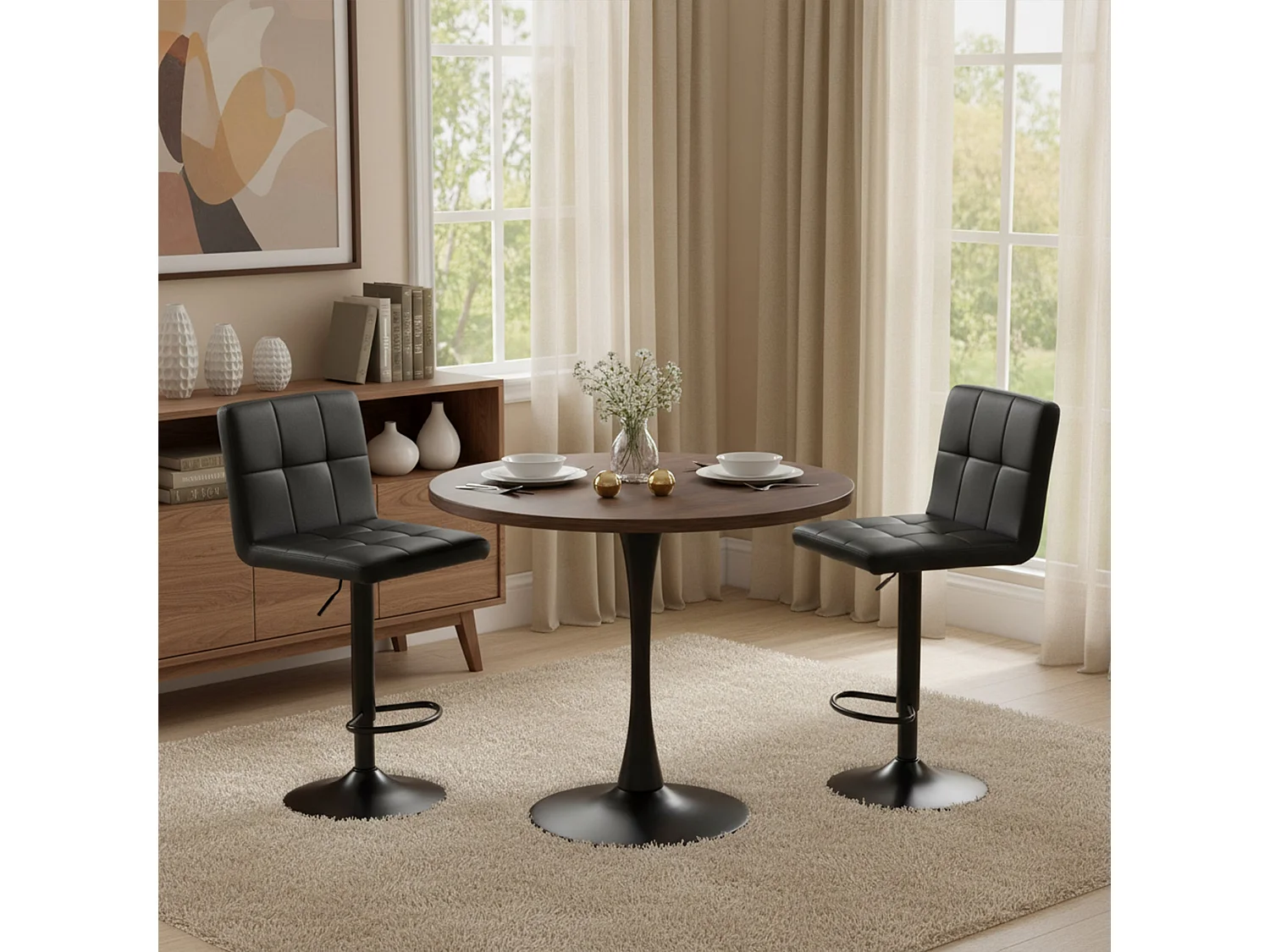 Set van 2 In hoogte verstelbare barkrukken met rugleuning en voetensteun, Moderne zwarte kunstleren bekleding