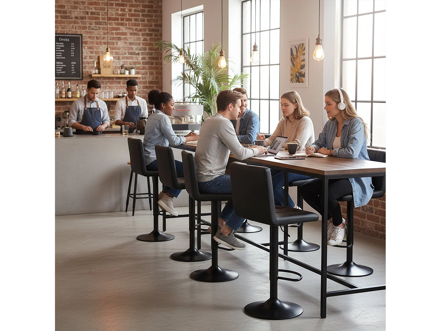 Set van 2 In hoogte verstelbare barkrukken met rugleuning en voetensteun, Moderne zwarte kunstleren bekleding