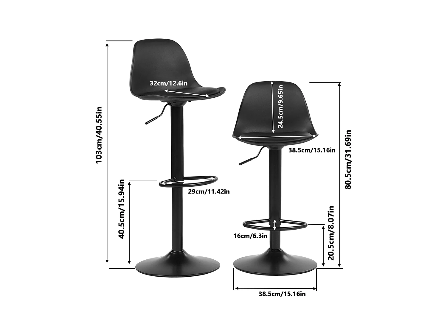 Set van 4 Verstelbare Zwarte Barkrukken met Rugleuning en Voetensteun, 360° Draaibaar
