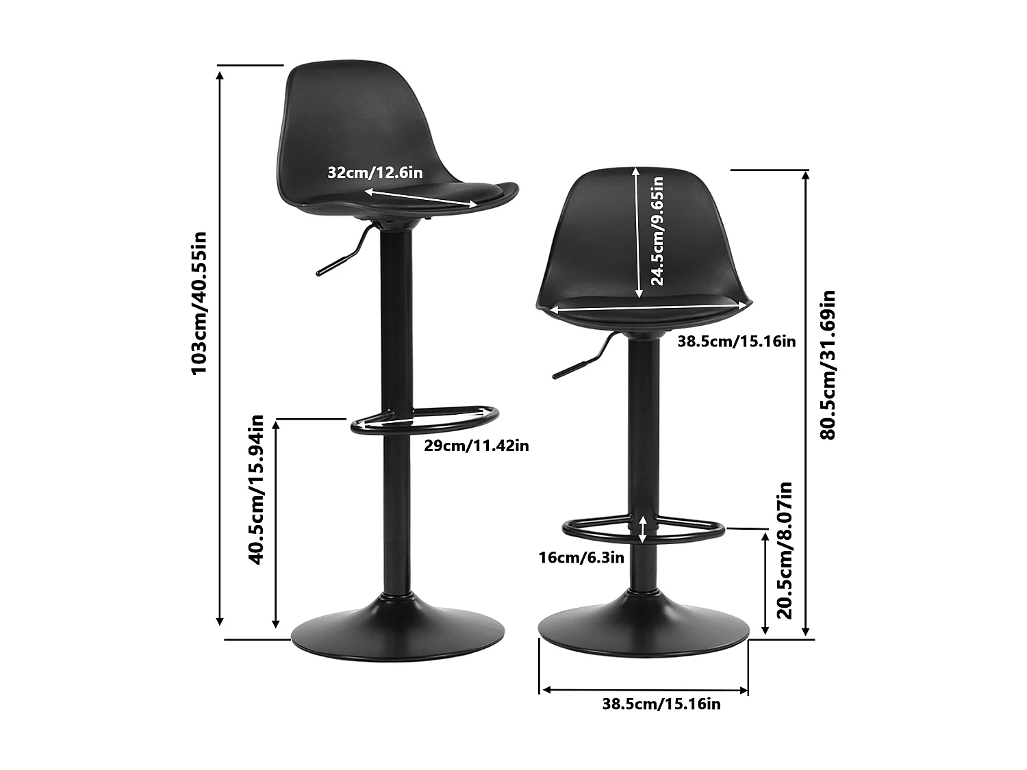 Set van 4 Verstelbare Zwarte Barkrukken met Rugleuning en Voetensteun, 360° Draaibaar