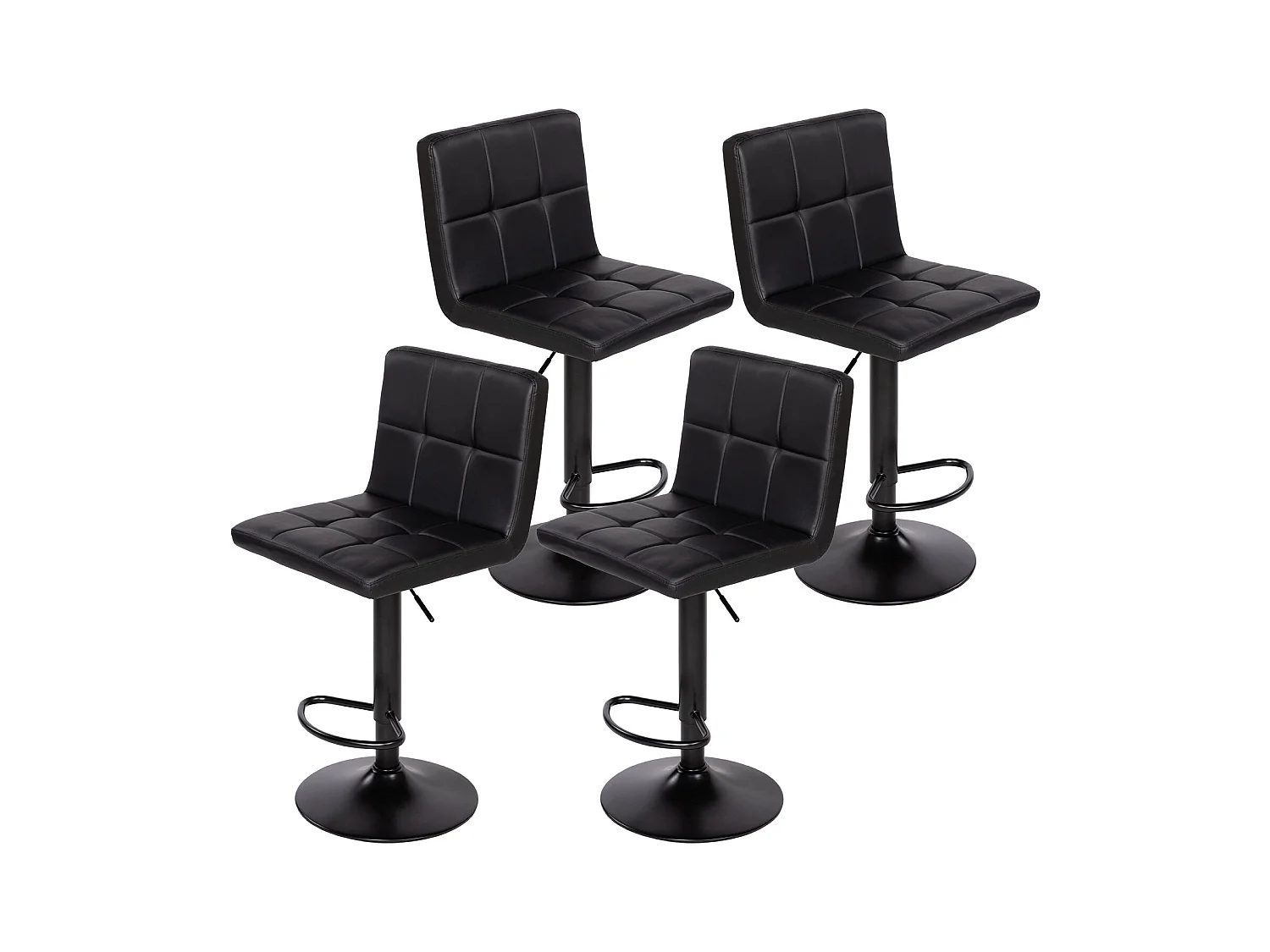 Set van 4 In Hoogte Verstelbare Barkrukken met Rugleuning en Voetensteun, Moderne Zwarte Kunstleren