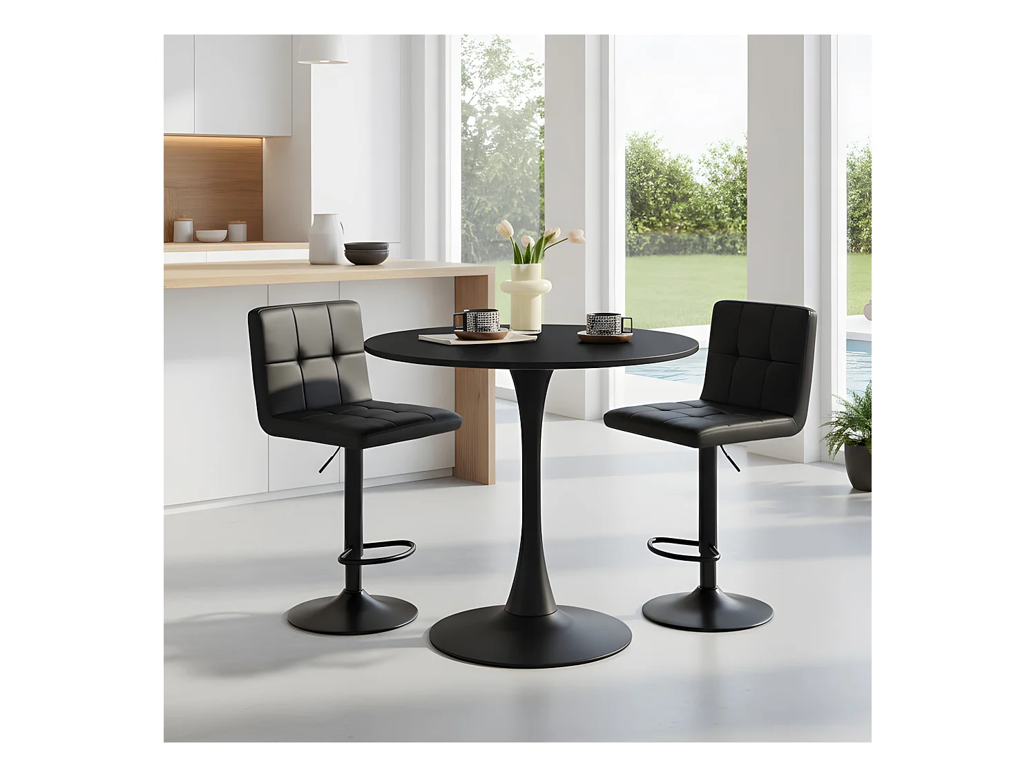 Set van 4 In Hoogte Verstelbare Barkrukken met Rugleuning en Voetensteun, Moderne Zwarte Kunstleren