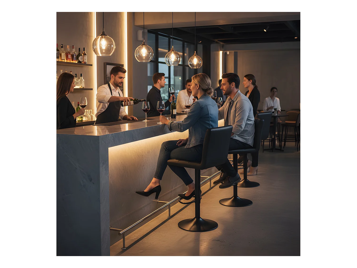 Set van 4 In Hoogte Verstelbare Barkrukken met Rugleuning en Voetensteun, Moderne Zwarte Kunstleren