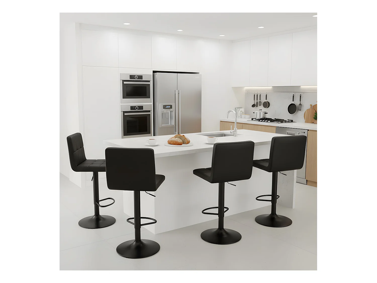 Set van 4 In Hoogte Verstelbare Barkrukken met Rugleuning en Voetensteun, Moderne Zwarte Kunstleren