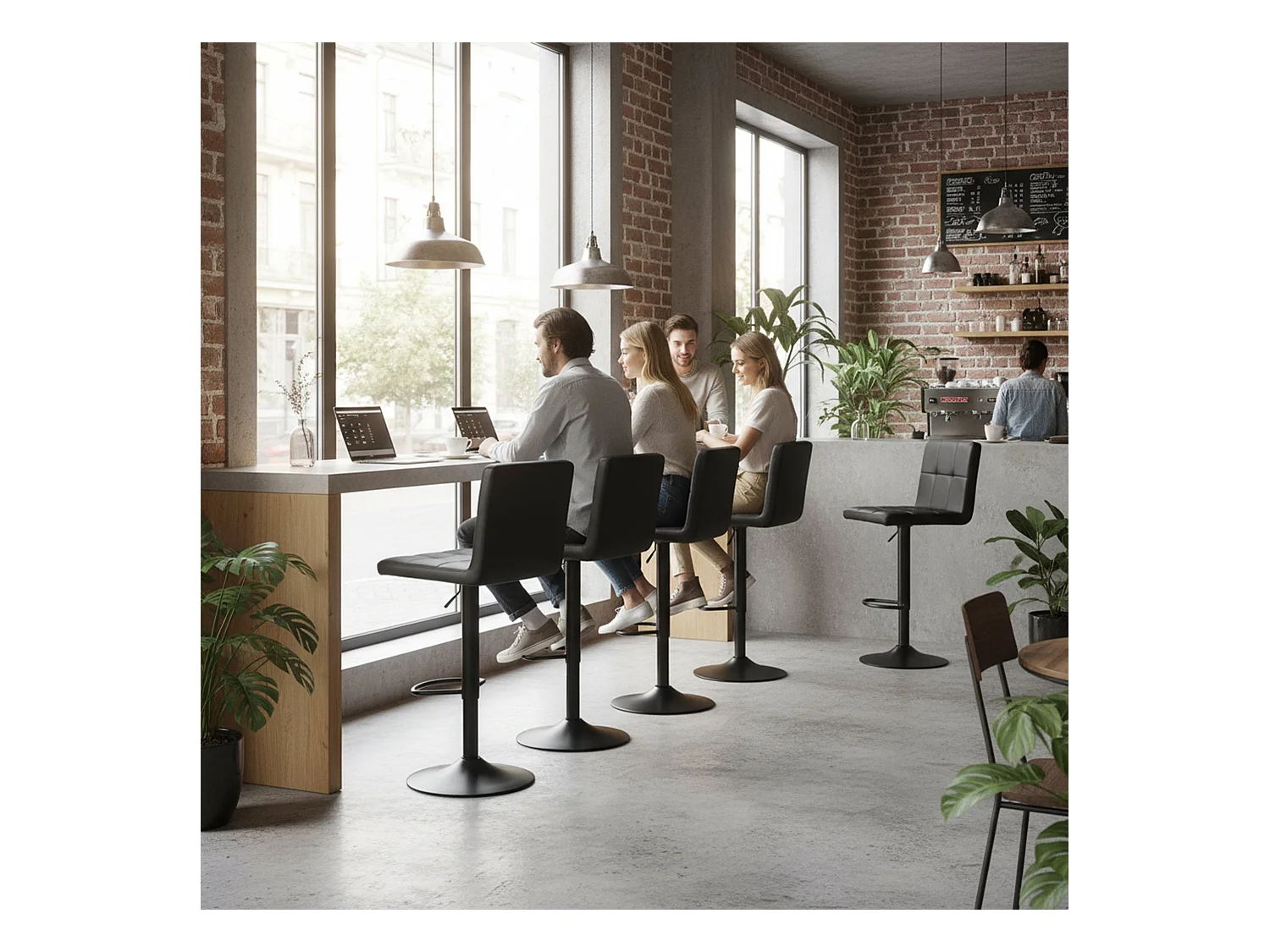 Set van 4 In Hoogte Verstelbare Barkrukken met Rugleuning en Voetensteun, Moderne Zwarte Kunstleren