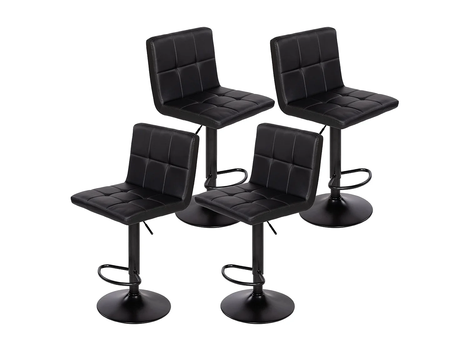 Set van 4 In Hoogte Verstelbare Barkrukken met Rugleuning en Voetensteun, Moderne Zwarte Kunstleren