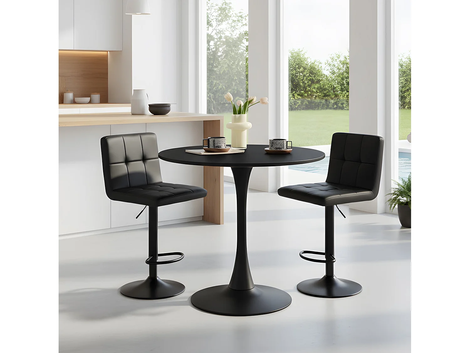 Set van 4 In Hoogte Verstelbare Barkrukken met Rugleuning en Voetensteun, Moderne Zwarte Kunstleren