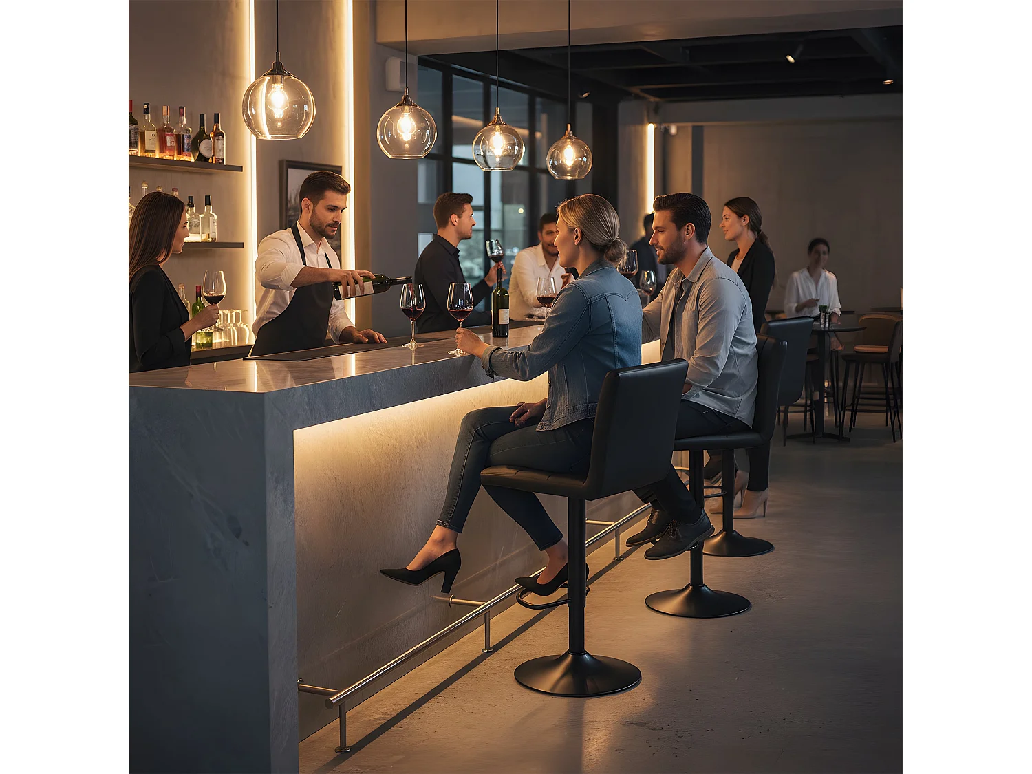 Set van 4 In Hoogte Verstelbare Barkrukken met Rugleuning en Voetensteun, Moderne Zwarte Kunstleren