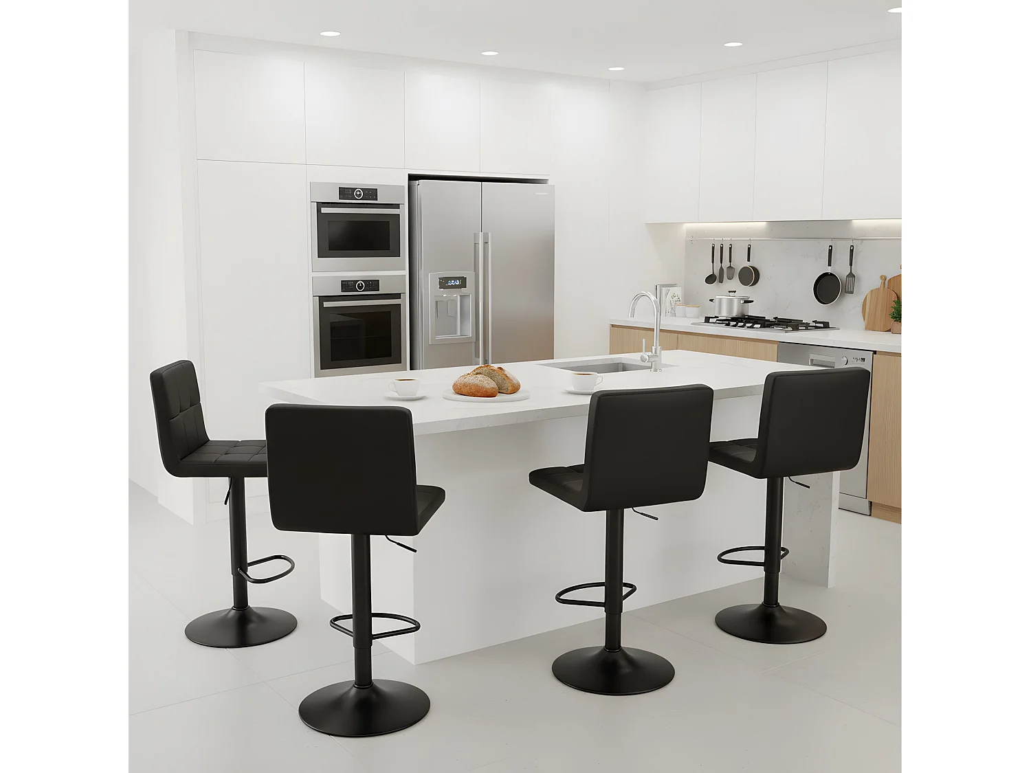 Set van 4 In Hoogte Verstelbare Barkrukken met Rugleuning en Voetensteun, Moderne Zwarte Kunstleren