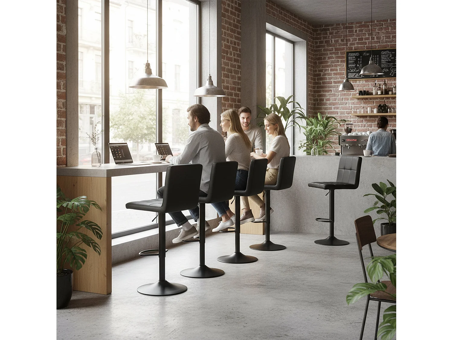 Set van 4 In Hoogte Verstelbare Barkrukken met Rugleuning en Voetensteun, Moderne Zwarte Kunstleren