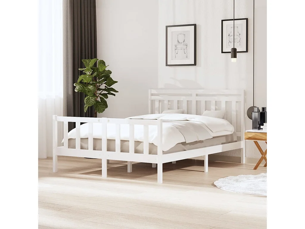 Stelaż łóżka Biały Drewno Lite 150x200 cm Bardzo Duży Prosty i Solidny Design