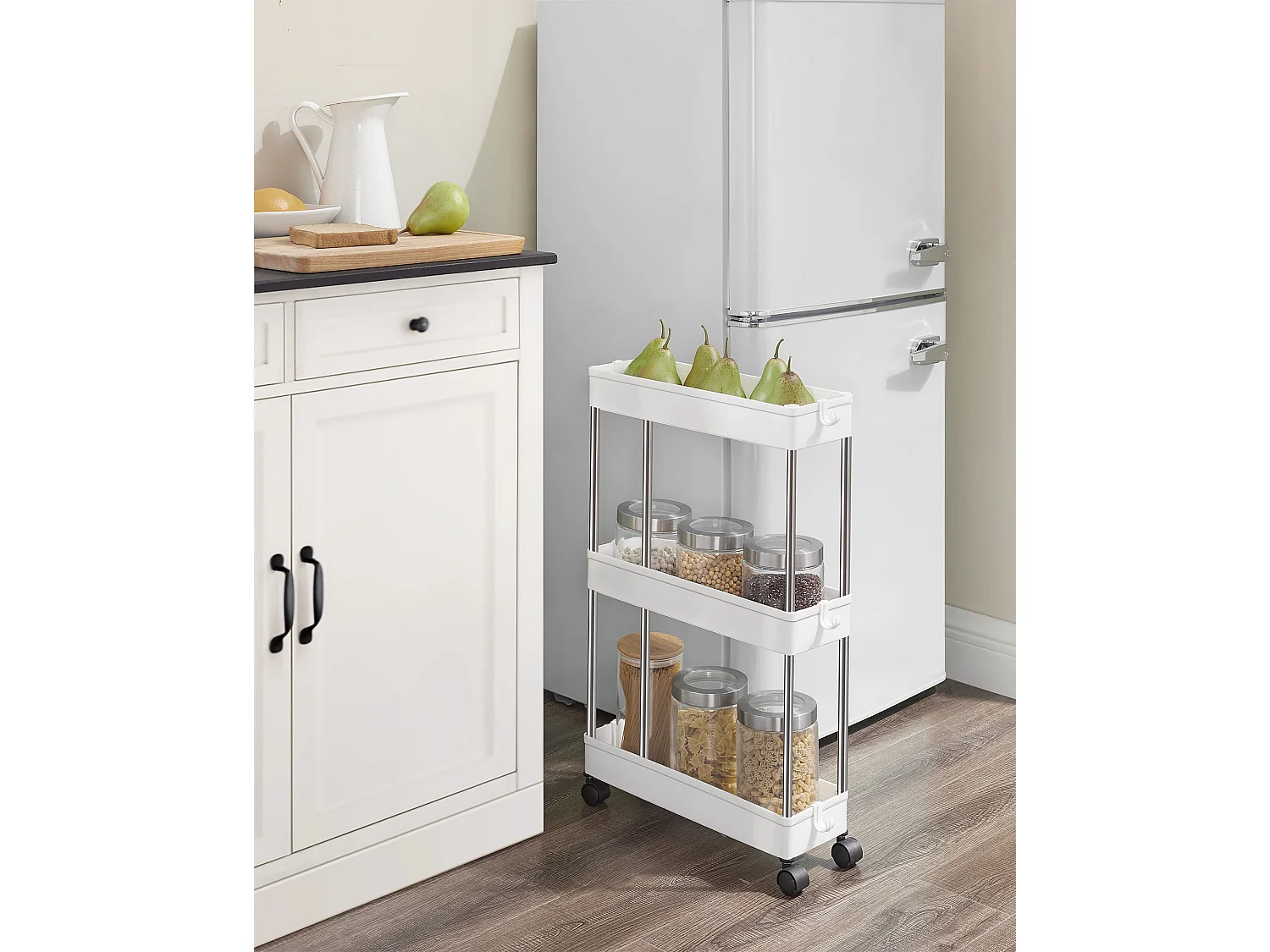 Chariot à étagères mobile Valora blanc avec 3 étagères de rangement pour cuisines