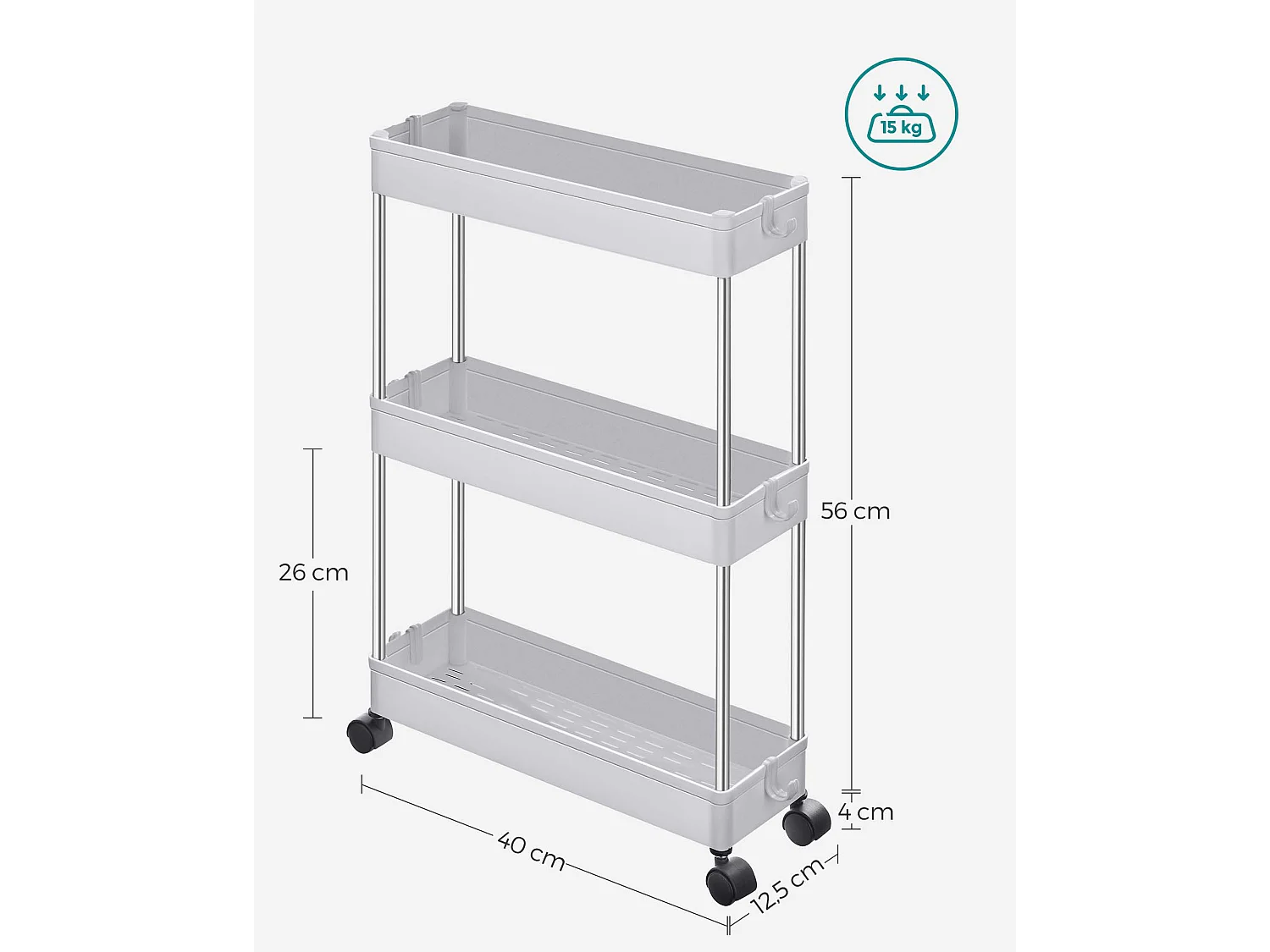 Chariot à étagères mobile Valora blanc avec 3 étagères de rangement pour cuisines