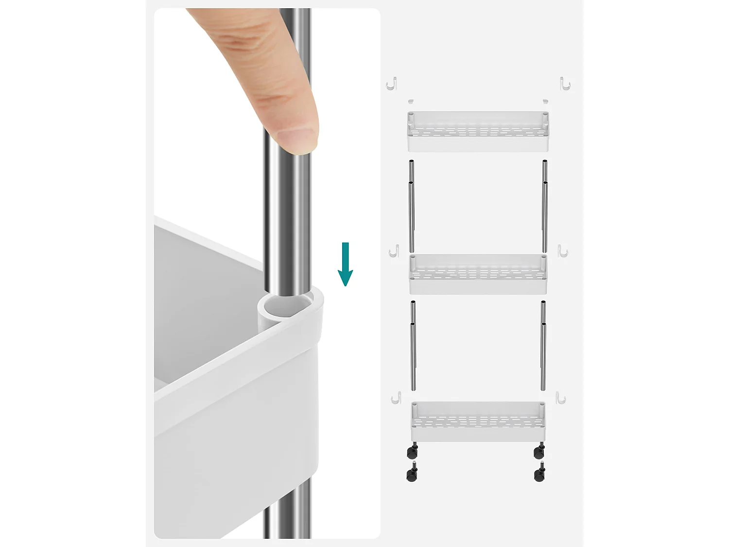 Chariot à étagères mobile Valora blanc avec 3 étagères de rangement pour cuisines