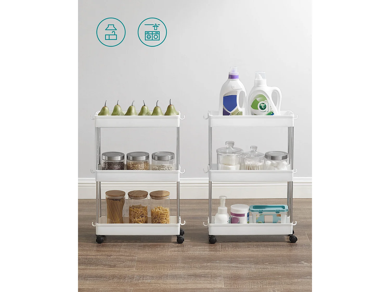 Chariot à étagères mobile Valora blanc avec 3 étagères de rangement pour cuisines