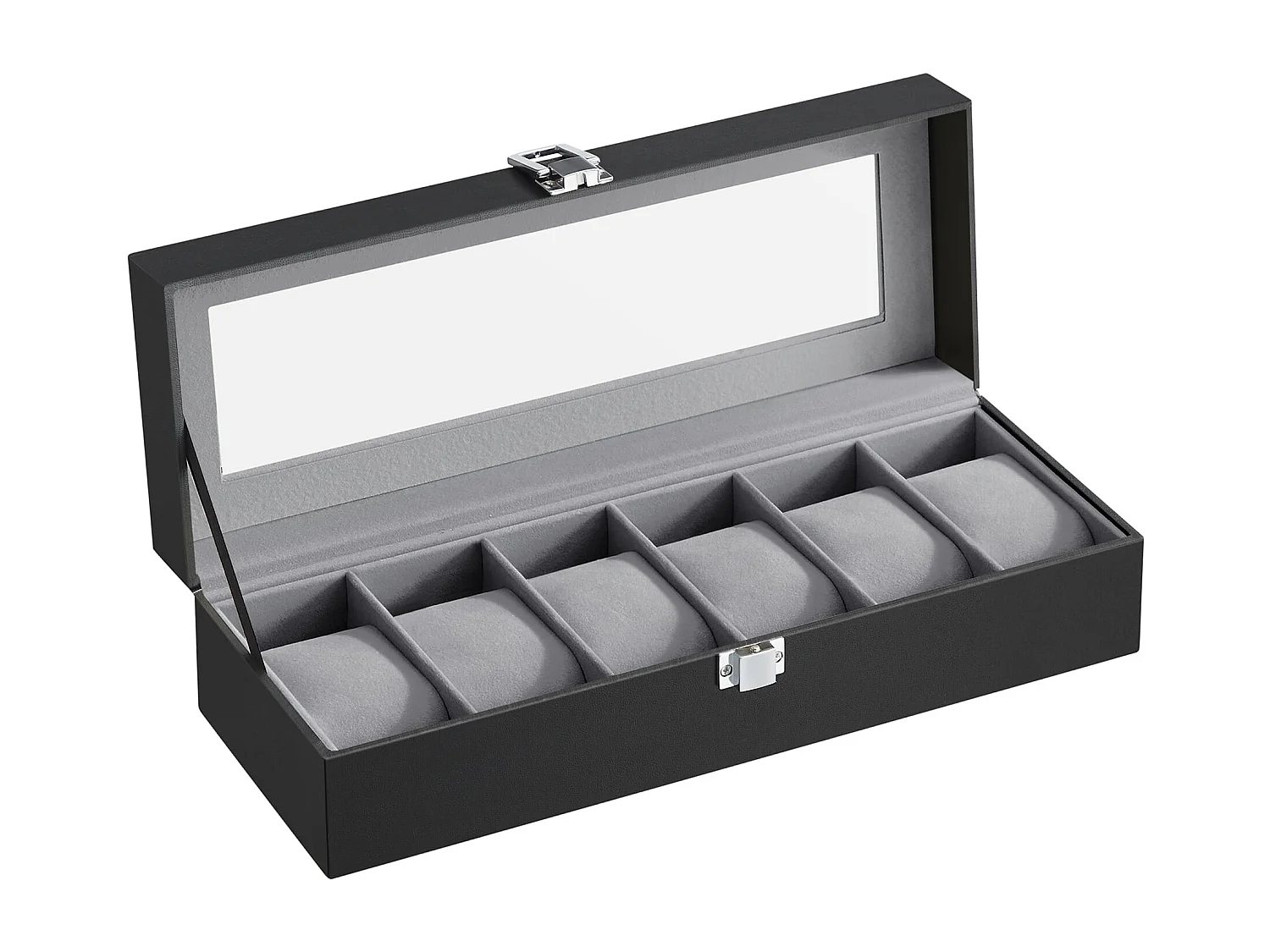 Coffret montre Valora noir 6 compartiments couvercle verre rangement