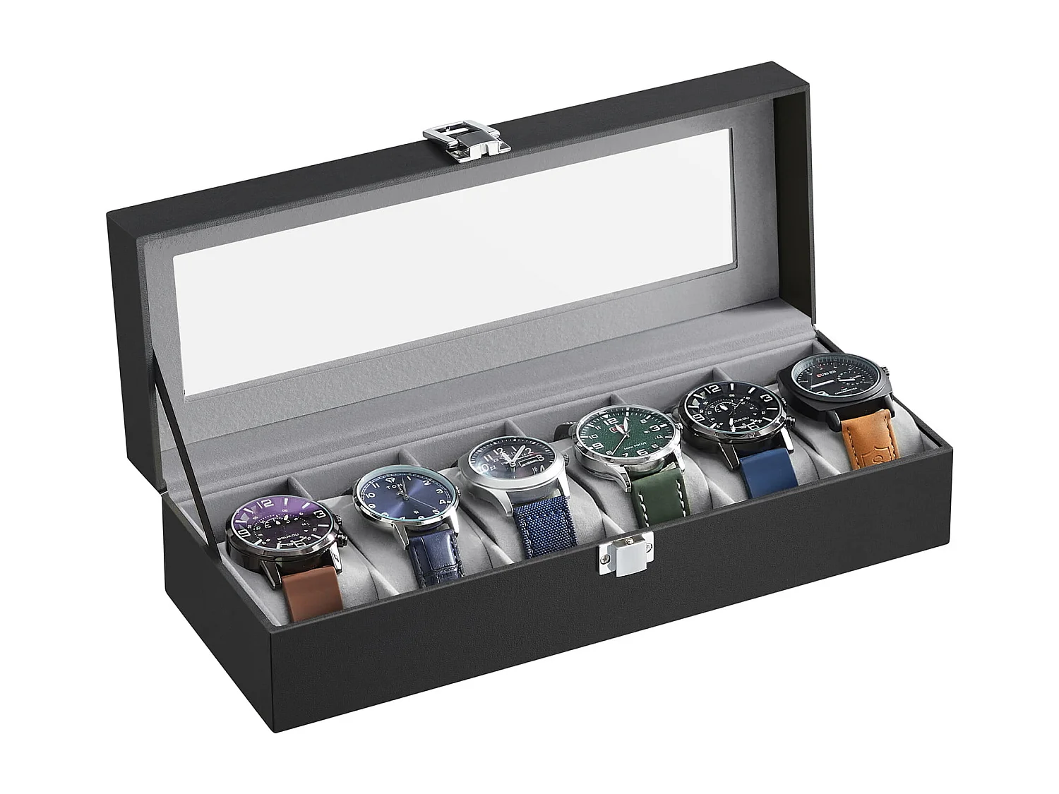 Coffret montre Valora noir 6 compartiments couvercle verre rangement