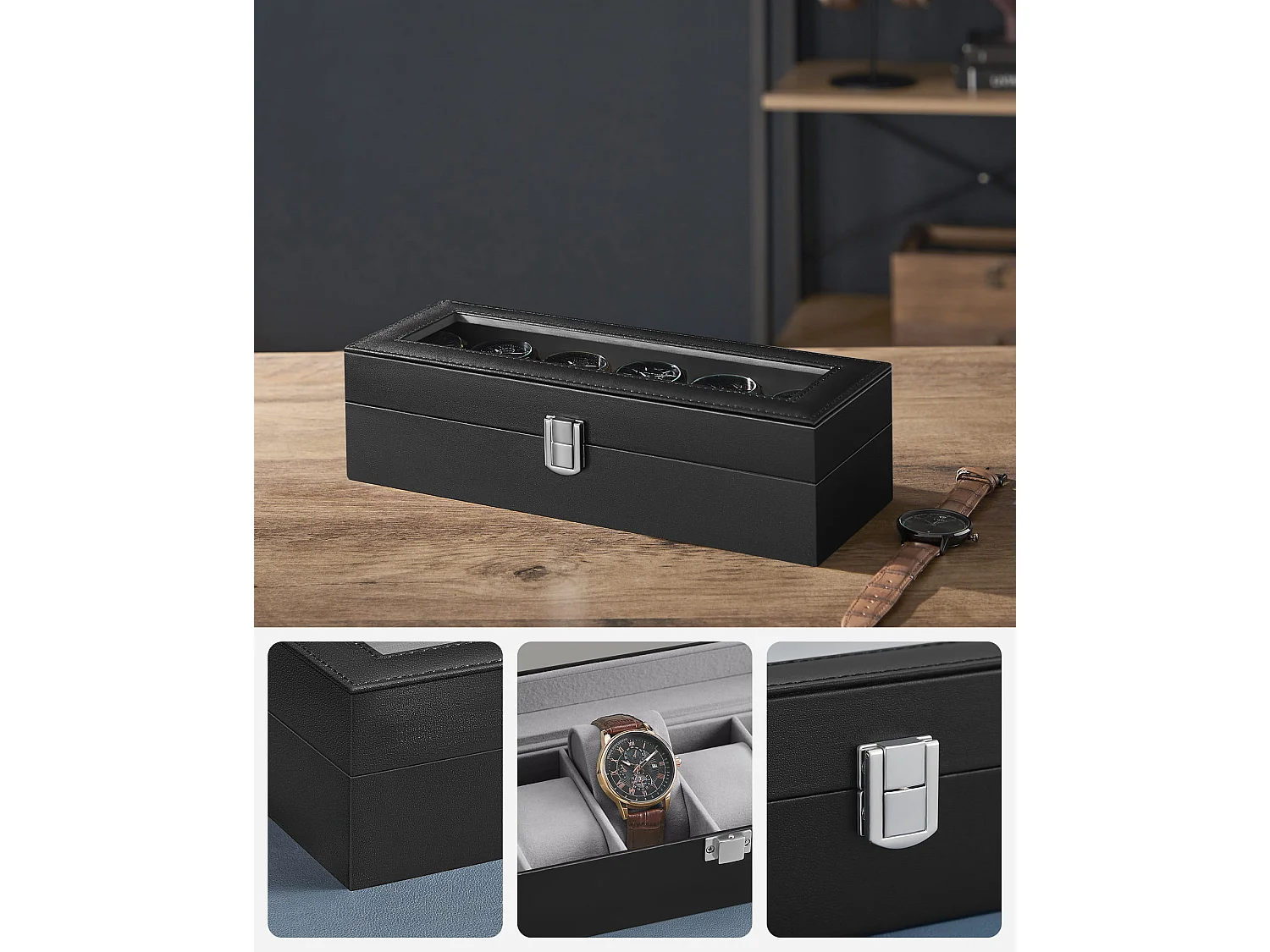 Coffret montre Valora noir 6 compartiments couvercle verre rangement