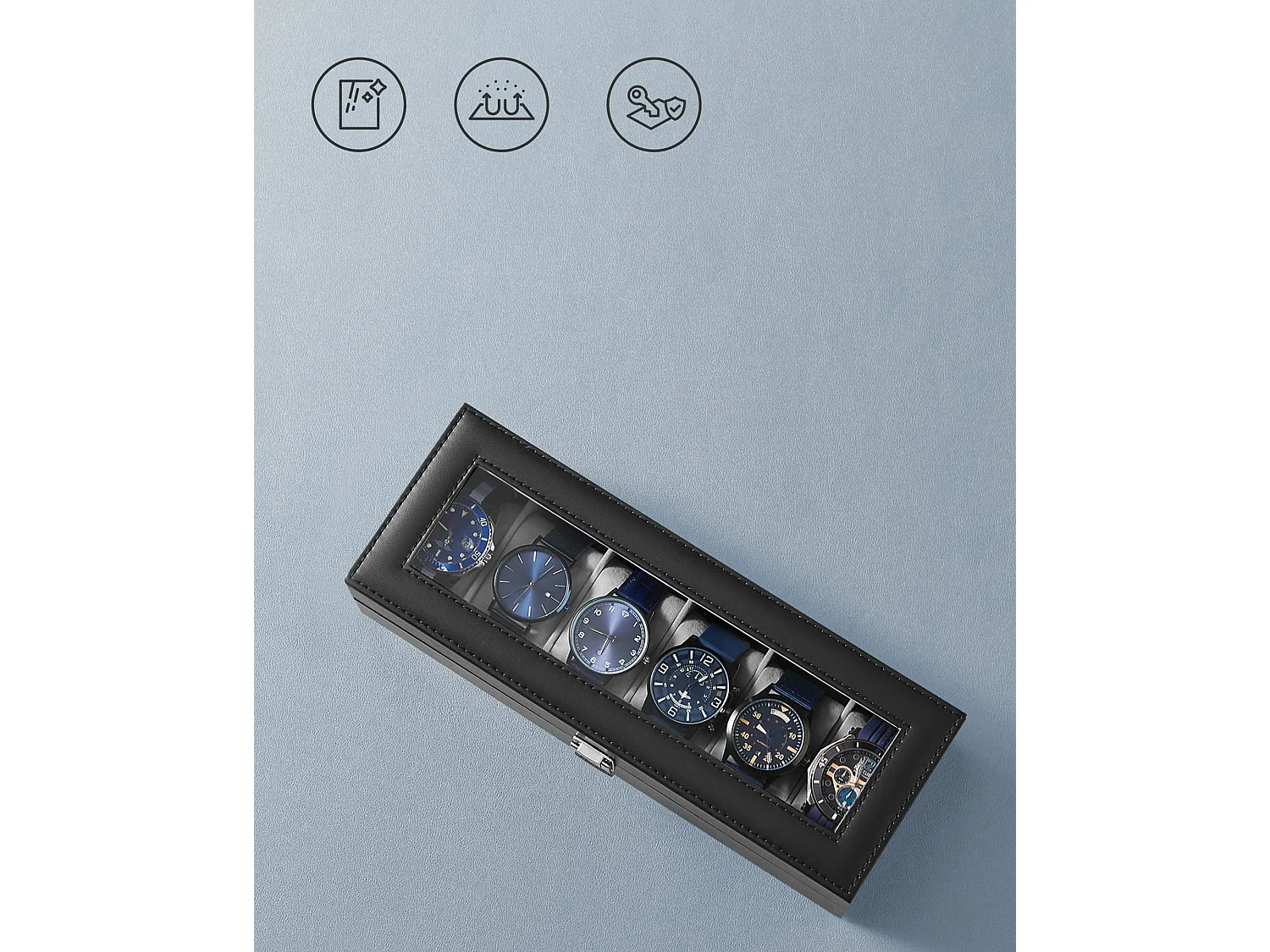 Coffret montre Valora noir 6 compartiments couvercle verre rangement