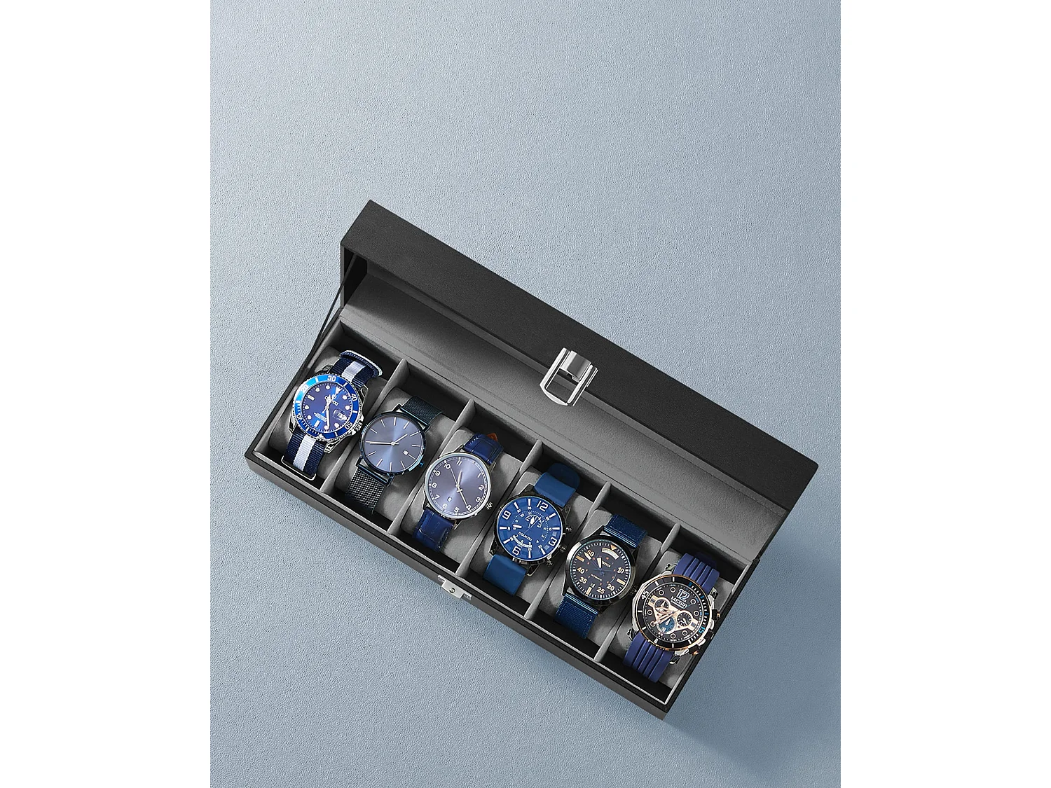 Coffret montre Valora noir 6 compartiments couvercle verre rangement