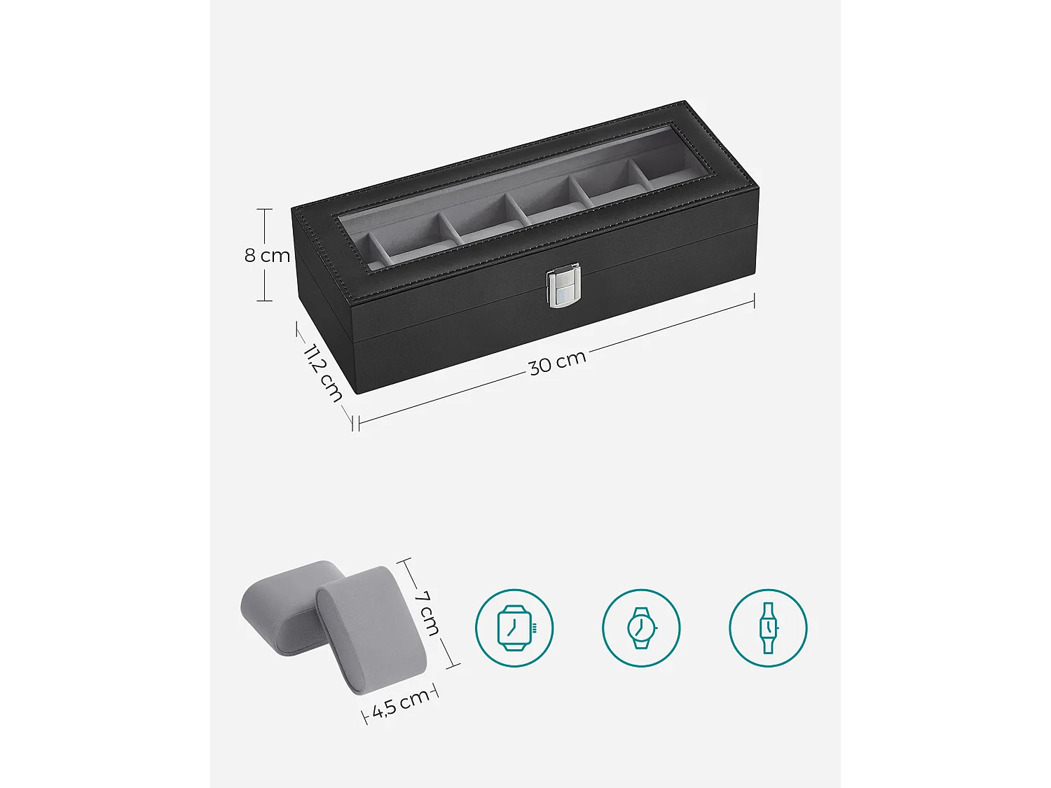 Coffret montre Valora noir 6 compartiments couvercle verre rangement