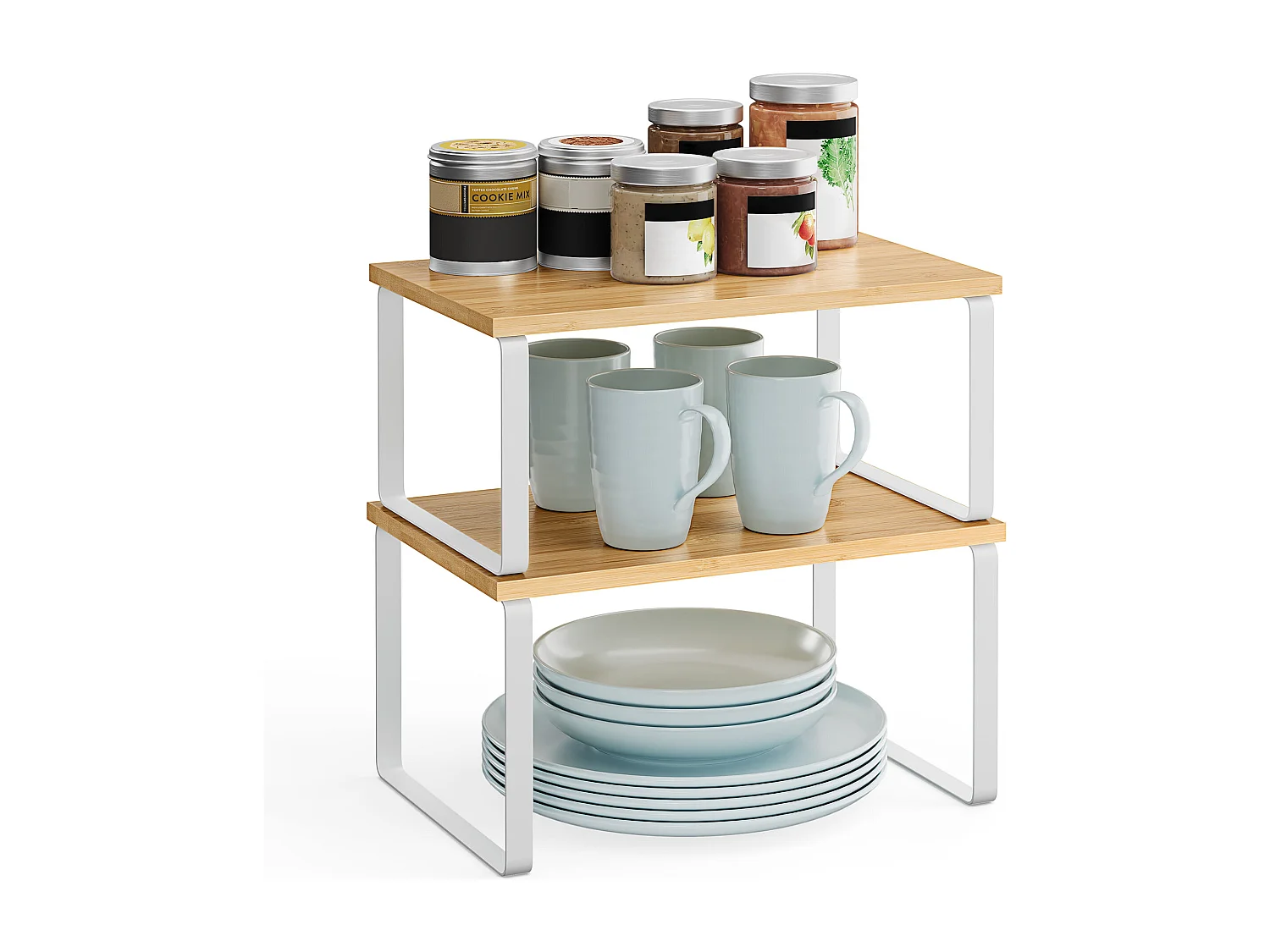 Lot de 2 étagères de cuisine Valora en bambou et métal blanc naturel