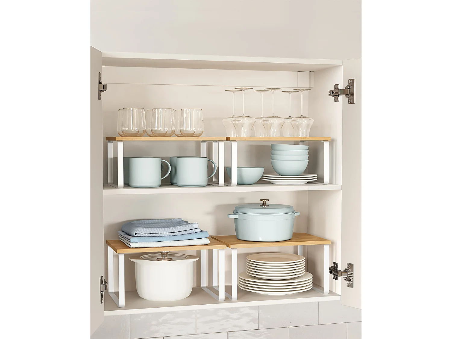 Lot de 2 étagères de cuisine Valora en bambou et métal blanc naturel